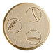 A circular gold plate with three circular objects, a 19 mm (3/4") Gnocchi pasta die with circles and a few holes.
