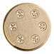 A circular brass disc with six holes in a circular design.
