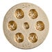 A circular brass Estella Fusilli Pasta Die with holes in it.