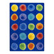 A blue rug with multicolored circles on it.