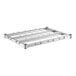 A Regency stainless steel dunnage shelf with wire mat on metal rods.
