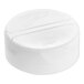 A white plastic lid with two flappers and three holes.
