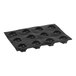 A black silicone baking mold tray with 12 rectangular compartments.