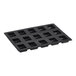 A black silicone baking mold with 15 rectangular holes.