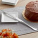 An Acopa Edgeworth stainless steel knife on a cake on a plate.