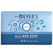 A blue and white Mrs. Meyer's Clean Day Rainwater bar soap with blue text and white circles.