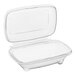 A case of 128 Inline Plastics clear rectangular hinged deli containers with dome lids.