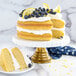 A Nordic Ware round cake with blueberries and lemons on top.