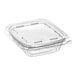 A case of 240 clear Inline Plastics rectangular hinged containers with flat lids.