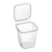 A clear plastic Inline Plastics Safe-T-Fresh square container with a flat lid.