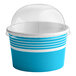 A blue and white Choice paper frozen yogurt cup with a clear dome lid.