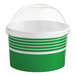 A green and white paper container with a clear plastic dome lid.