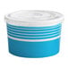 A stack of blue and white paper frozen yogurt cups with flat lids.