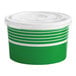 A stack of green and white paper frozen yogurt cups with a flat lid.