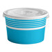 A blue and white paper frozen yogurt container with a flat lid.