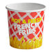 A white Choice French fry cup with red and yellow text reading "hot and fresh" filled with French fries.