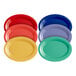 A stack of Acopa Foundations melamine platters in assorted colors including red, green, blue, and yellow.