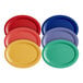 A group of colorful Acopa Foundations melamine platters in red, yellow, blue, green, and purple.