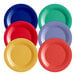 A group of Acopa Foundations wide rim melamine plates in assorted colors including red, blue, green, and purple.