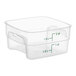 A clear plastic Cambro FreshPro 2 qt. food storage container with measurements in green.