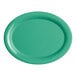 A green rectangular Acopa Foundations melamine platter with a white border.