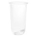 A clear Tossware plastic cup with a clear rim on a white background.