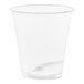 A close up of a clear Tossware plastic cup.