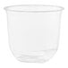 A clear plastic Tossware cup with a rounded bottom.
