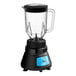 A black Waring BevBasix commercial blender with a clear polycarbonate container and a black and blue lid.