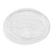 A clear plastic Tossware sip lid on a white surface.