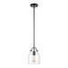 A Globe Matte Black Pendant Light with a clear glass shade over a light bulb on a long metal pole.