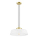 A Globe brass pendant light with a white frosted glass shade on a long black and gold pole.