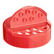 A 63/485 red plastic dual flapper spice lid with 7 holes.