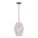 A gold pendant light with a white string shade on a metal pole above a restaurant table.