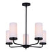 A Canarm Malloy matte black chandelier with flat white glass shades.