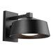 A black outdoor wall light with a white background and white shade.