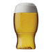 A Tossware plastic pint glass filled with beer and foam.