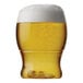A Tossware plastic pint glass filled with beer and foam.