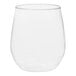 A close-up of a clear Tossware POP plastic wine glass.
