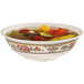A white GET melamine bowl of soup with vegetables and meat.
