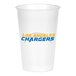 A white plastic Creative Converting cup with blue and yellow Los Angeles Chargers text.