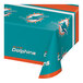A white Creative Converting table cover with a blue and orange Miami Dolphins logo and dolphin design.