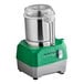 A stainless steel AvaMix Revolution batch bowl food processor with a green lid.