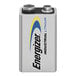 An Energizer Industrial 9V lithium battery with a silver and blue label.
