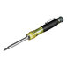 A yellow and black Klein Tools screwdriver with a green pocket clip.