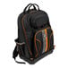 A black and orange Klein Tools backpack with a zipper.