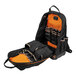 A black and orange Klein Tools backpack with two compartments.