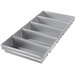 A silver rectangular metal bread loaf pan with five compartments.