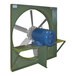 A Canarm industrial wall fan with a blue blade and silver metal frame.