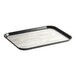 A rectangular Dinex tray with a white woodgrain and black non-skid surface.